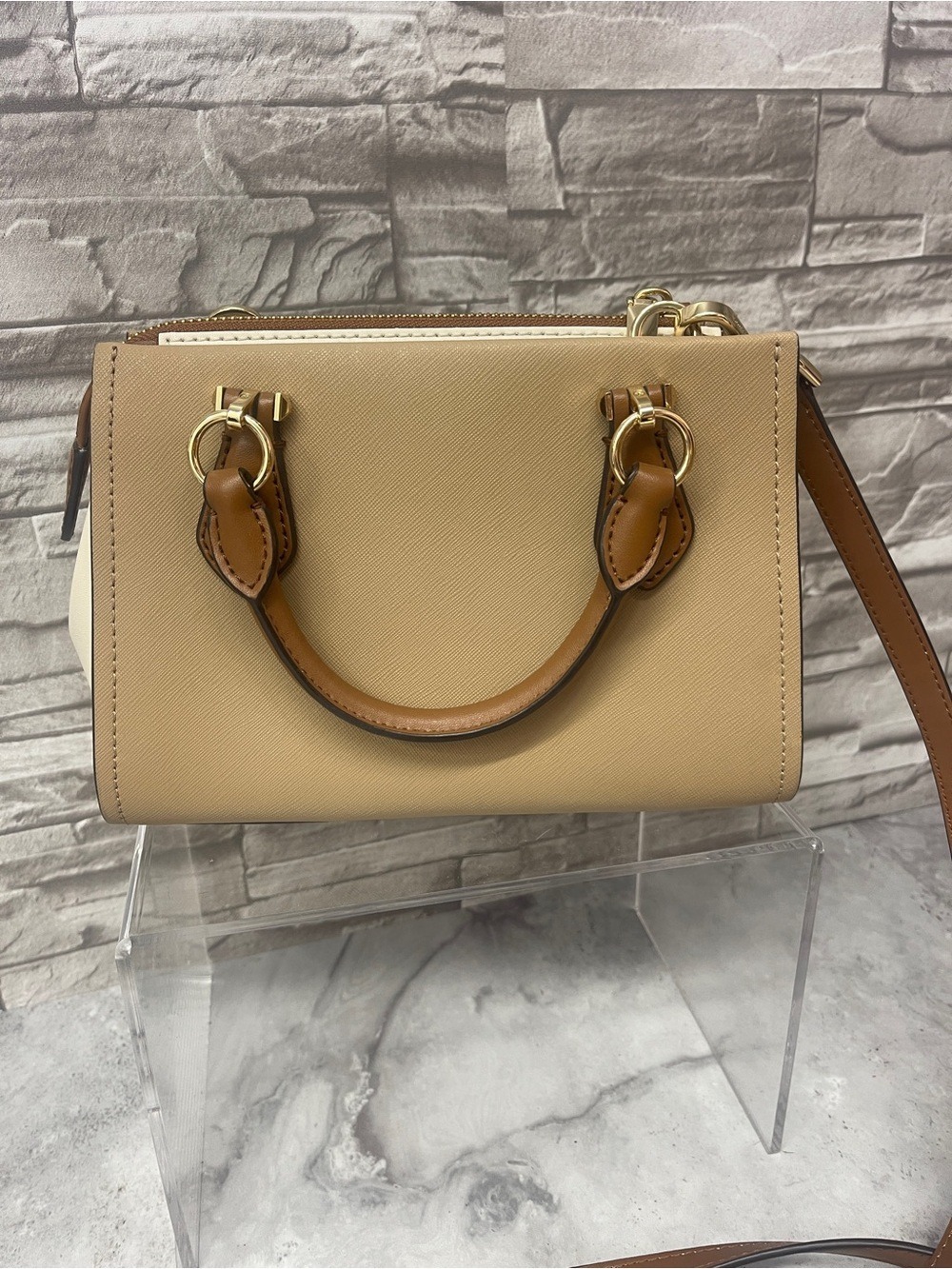 Michael Kors Marilyn Small Colorblock Satchel & Matching Card Case Camel - Picture 9 of 14